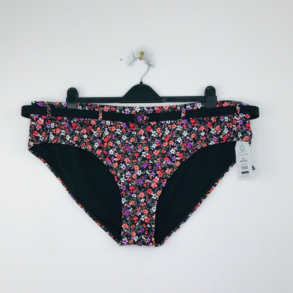 Time And Tru Women's 2X Bikini Bottoms Black Floral Belted Mid-Rise NWT CF14
